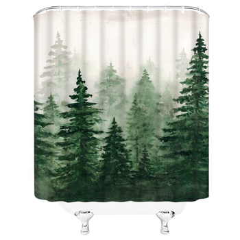 Set perdea de duș cu cârlige – pădure în acuarelă cu pini, ceață abstractă, junglă și munți, plante verzi