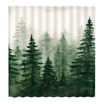 Set perdea de duș cu cârlige – pădure în acuarelă cu pini, ceață abstractă, junglă și munți, plante verzi