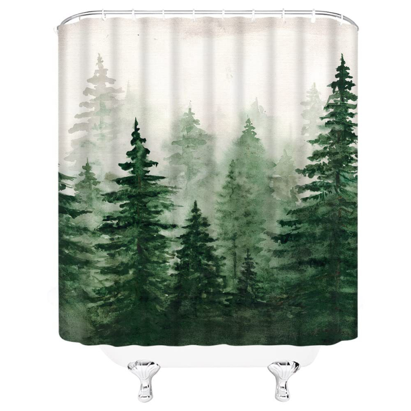 Set perdea de duș cu cârlige – pădure în acuarelă cu pini, ceață abstractă, junglă și munți, plante verzi
