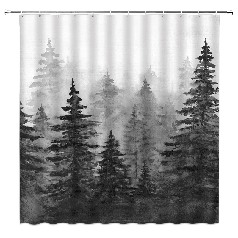 Set perdea de duș cu cârlige – pădure în acuarelă cu pini, ceață abstractă, junglă și munți, plante verzi