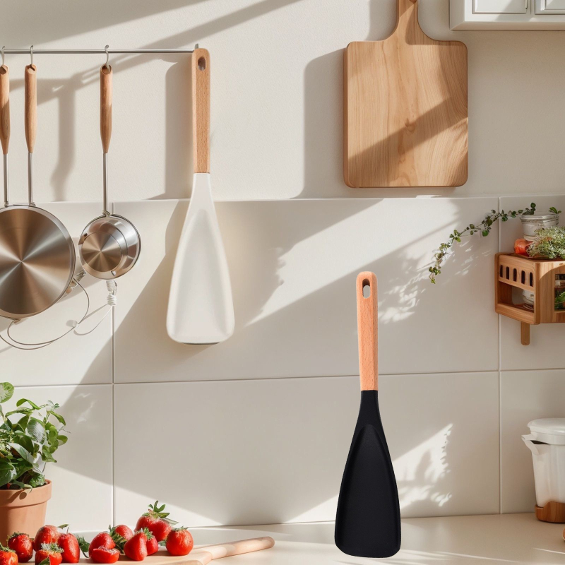 Spatulă din silicon cu mâner din lemn, pentru salate, servire și gătit, antiaderentă, mare