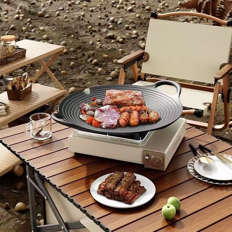 Placă de grătar din fontă pentru exterior, rotundă, groasă, pentru camping și uz casnic, neacoperită, compatibilă cu plita cu inducție