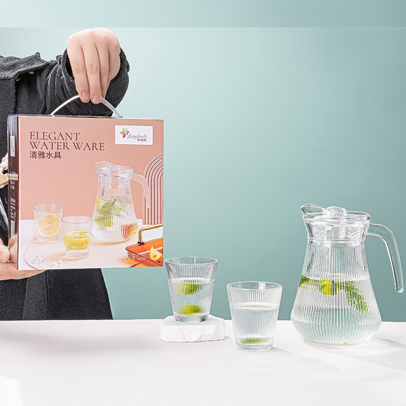 Set de sticle din sticlă cu textură ciocanată pentru ceai/zeamă, pentru apă rece; include un ceainic rezistent la temperaturi și o ceașcă