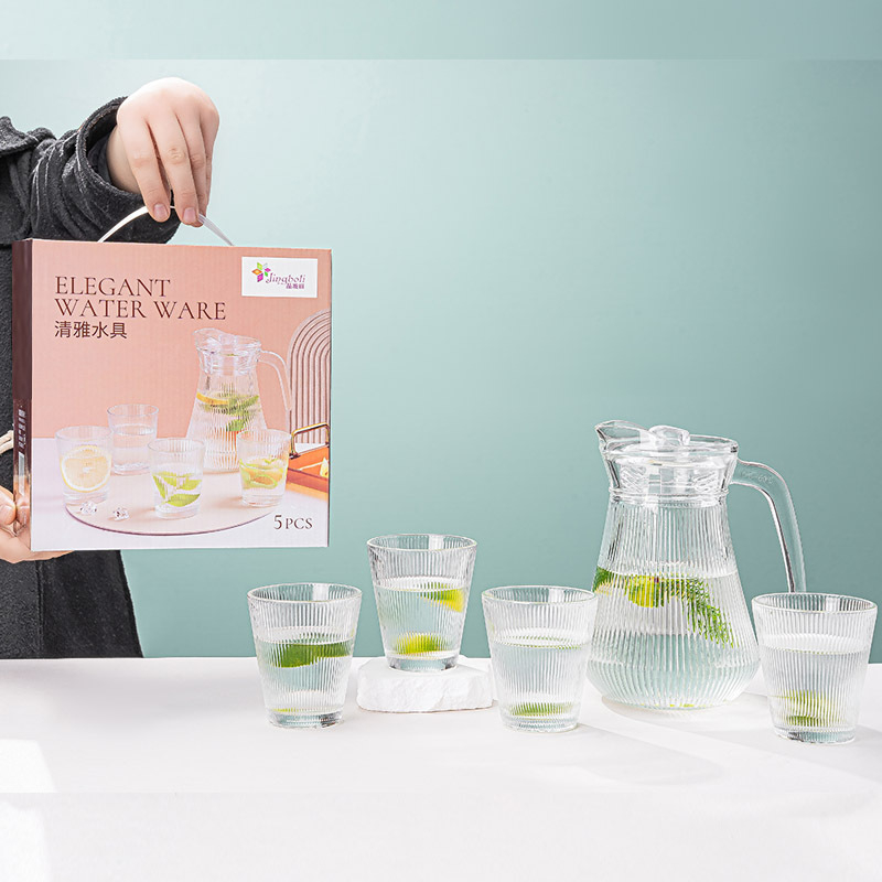 Set de sticle din sticlă cu textură ciocanată pentru ceai/zeamă, pentru apă rece; include un ceainic rezistent la temperaturi și o ceașcă