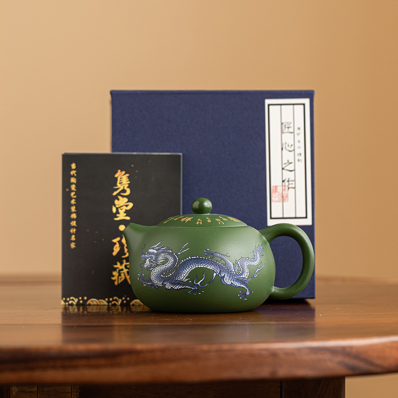 Ceainic din lut purpuriu, lucrat manual de un maestru al patrimoniului imaterial, luciu luminescent în întuneric, dragon și phoenix, stil Kowloon Xianrui Hanwa Xishi, din lut purpuriu Yixing