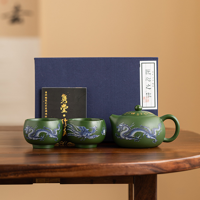 Ceainic din lut purpuriu, lucrat manual de un maestru al patrimoniului imaterial, luciu luminescent în întuneric, dragon și phoenix, stil Kowloon Xianrui Hanwa Xishi, din lut purpuriu Yixing