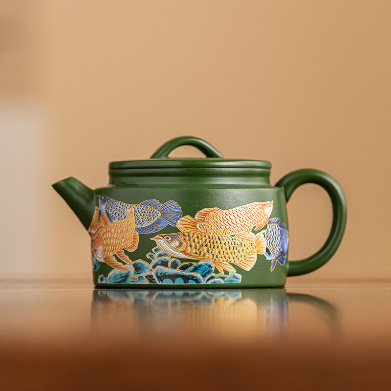 Ceainic din lut purpuriu, lucrat manual de un maestru al patrimoniului imaterial, luciu luminescent în întuneric, dragon și phoenix, stil Kowloon Xianrui Hanwa Xishi, din lut purpuriu Yixing