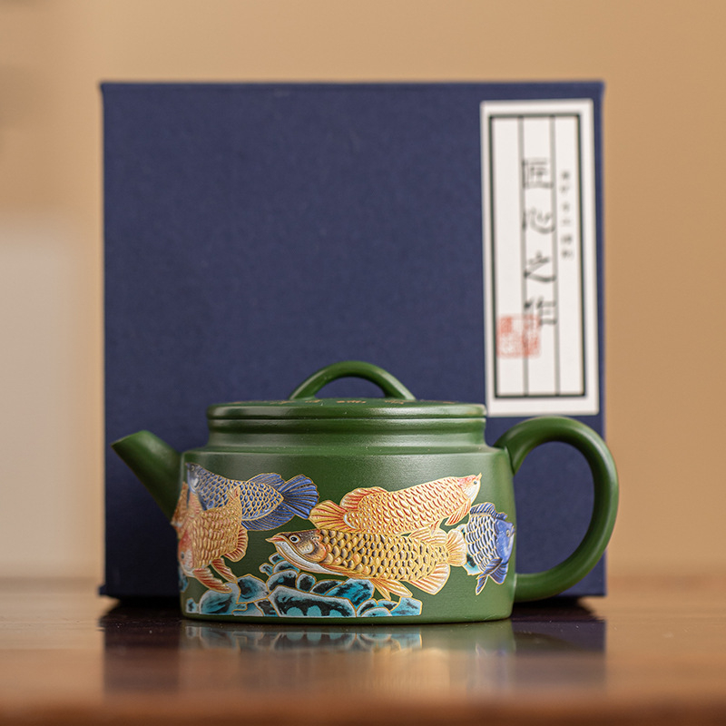 Ceainic din lut purpuriu, lucrat manual de un maestru al patrimoniului imaterial, luciu luminescent în întuneric, dragon și phoenix, stil Kowloon Xianrui Hanwa Xishi, din lut purpuriu Yixing