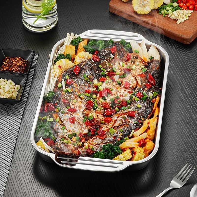 Tigaie-grill din oțel inoxidabil întărit, pentru pește și fructe de mare, tavă pătrată, compatibilă cu plitele cu inducție, uz casnic și profesional