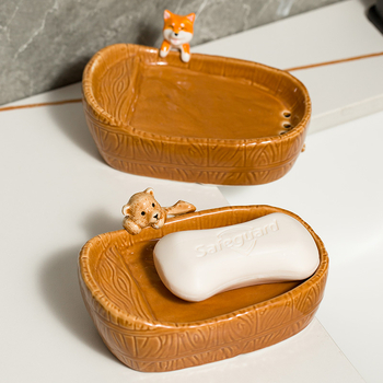 Suport ceramic pentru săpun, creativ pentru baie, cu motiv rață și Shiba Inu, personalizabil, fără acumulare de apă