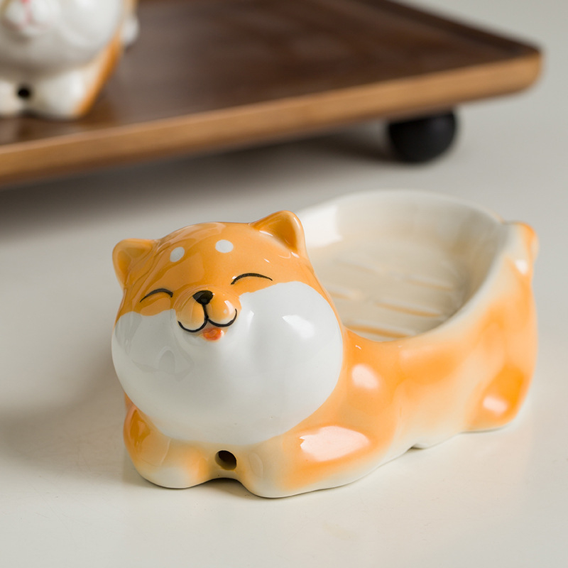 Suport ceramic pentru săpun, creativ pentru baie, cu motiv rață și Shiba Inu, personalizabil, fără acumulare de apă