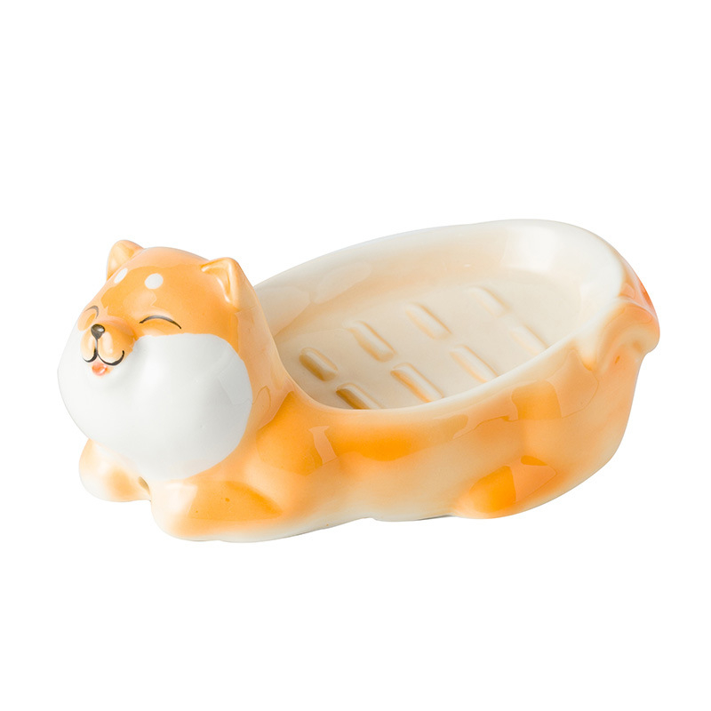 Suport ceramic pentru săpun, creativ pentru baie, cu motiv rață și Shiba Inu, personalizabil, fără acumulare de apă