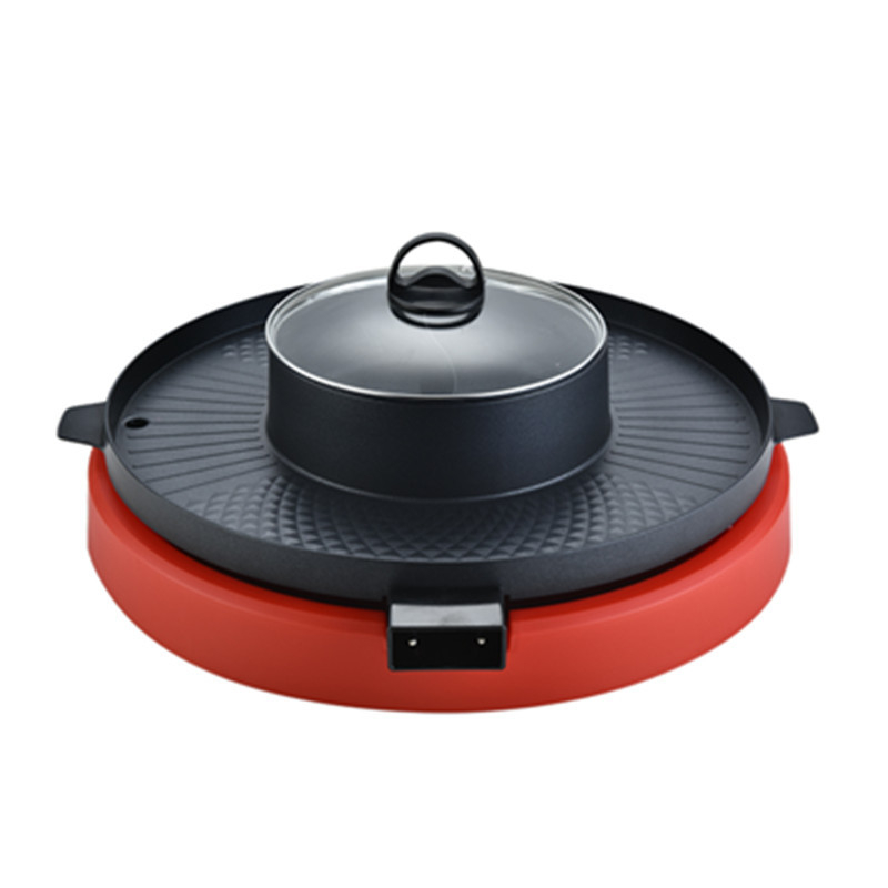 Placă grill electrică circulară, cu temperatură reglabilă, vas cu două zone pentru prăjit și fierbere într-un singur aparat