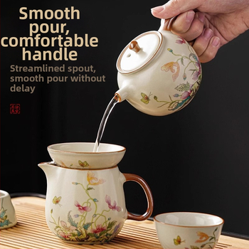 Set Gongfu de ceai cu maci, ceramică Huang Ru — ceainic simplu și tavă de ceai din bambus, logo personalizat