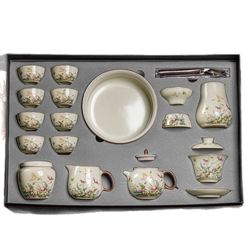 Set Gongfu de ceai cu maci, ceramică Huang Ru — ceainic simplu și tavă de ceai din bambus, logo personalizat