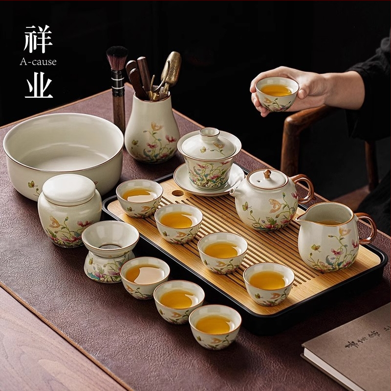 Set Gongfu de ceai cu maci, ceramică Huang Ru — ceainic simplu și tavă de ceai din bambus, logo personalizat