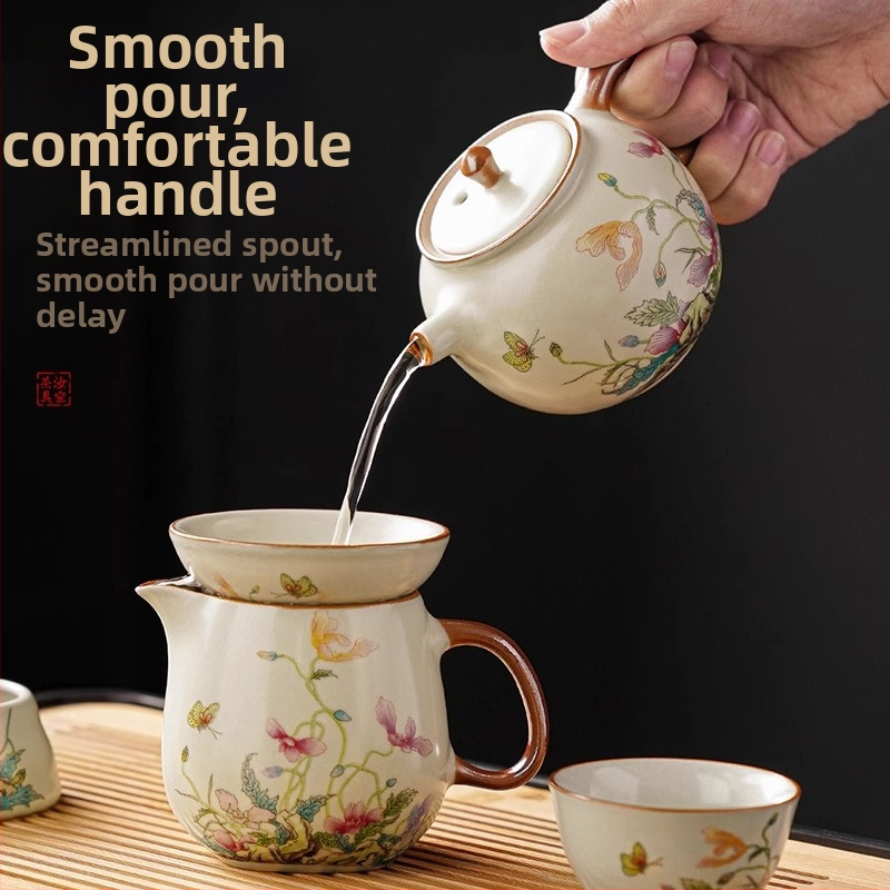 Set Gongfu de ceai cu maci, ceramică Huang Ru — ceainic simplu și tavă de ceai din bambus, logo personalizat