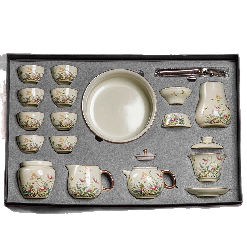 Set Gongfu de ceai cu maci, ceramică Huang Ru — ceainic simplu și tavă de ceai din bambus, logo personalizat