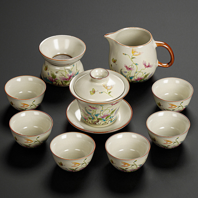 Set Gongfu de ceai cu maci, ceramică Huang Ru — ceainic simplu și tavă de ceai din bambus, logo personalizat