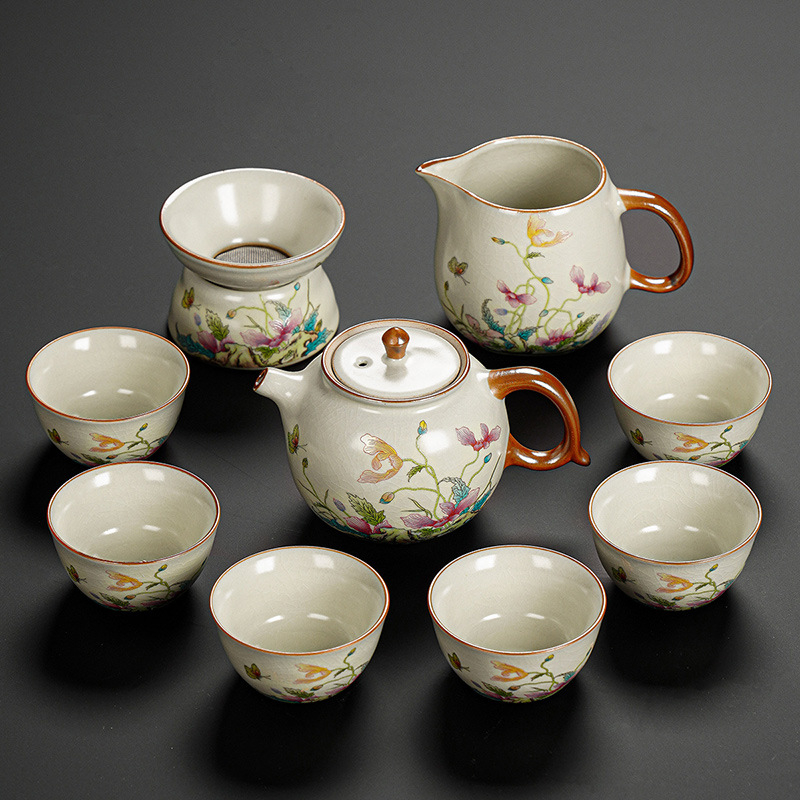 Set Gongfu de ceai cu maci, ceramică Huang Ru — ceainic simplu și tavă de ceai din bambus, logo personalizat