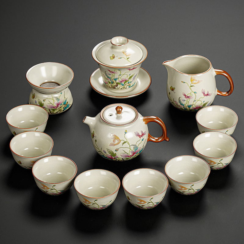 Set Gongfu de ceai cu maci, ceramică Huang Ru — ceainic simplu și tavă de ceai din bambus, logo personalizat