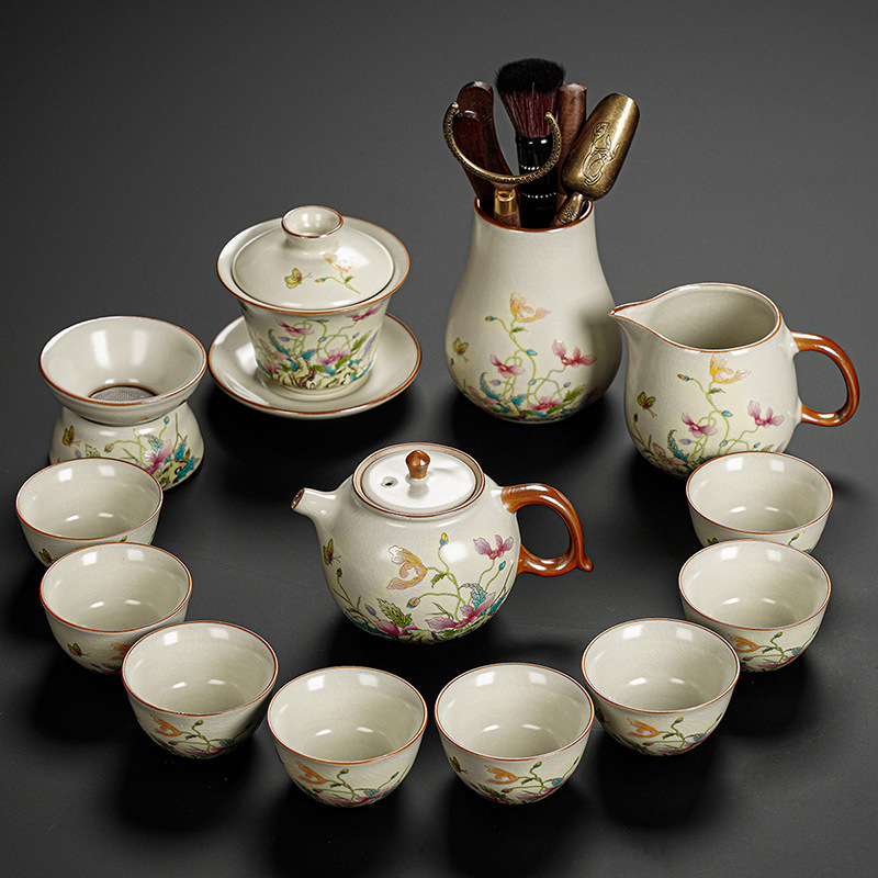 Set Gongfu de ceai cu maci, ceramică Huang Ru — ceainic simplu și tavă de ceai din bambus, logo personalizat