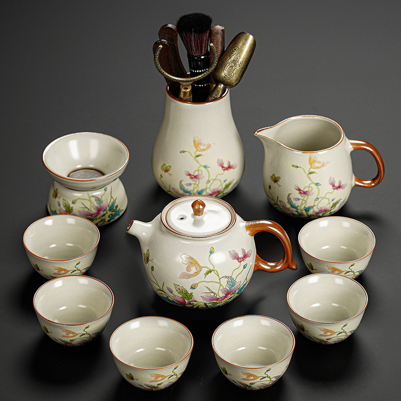 Set Gongfu de ceai cu maci, ceramică Huang Ru — ceainic simplu și tavă de ceai din bambus, logo personalizat