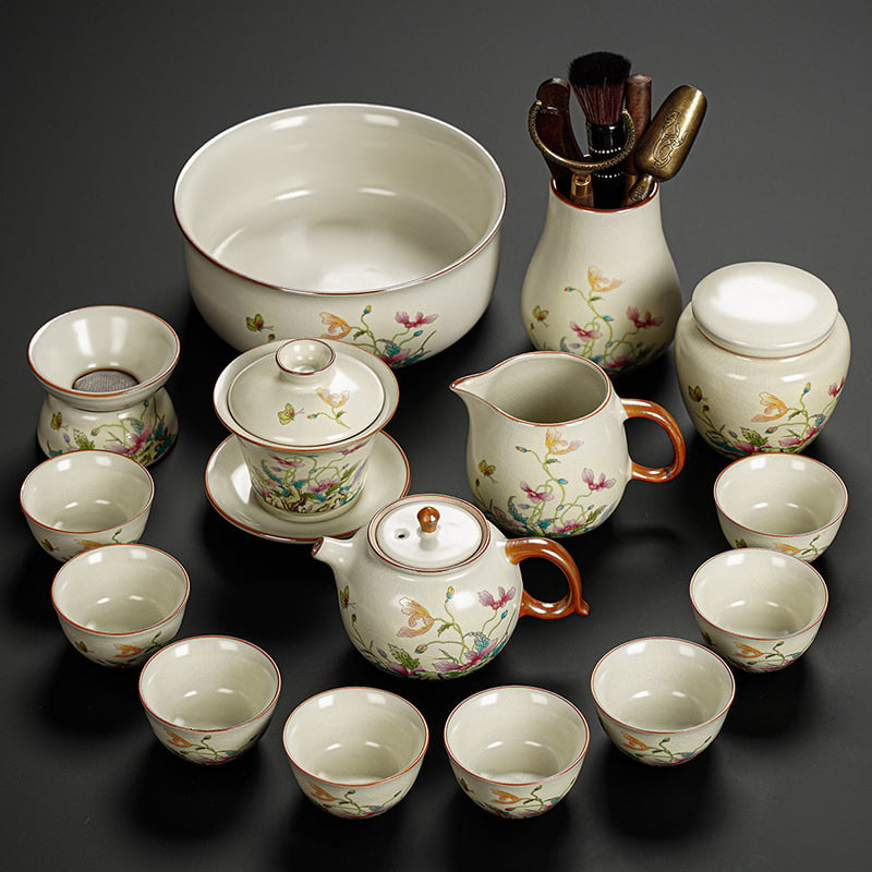 Set Gongfu de ceai cu maci, ceramică Huang Ru — ceainic simplu și tavă de ceai din bambus, logo personalizat