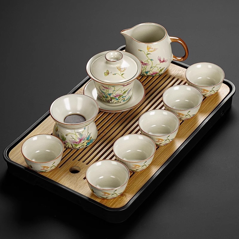 Set Gongfu de ceai cu maci, ceramică Huang Ru — ceainic simplu și tavă de ceai din bambus, logo personalizat