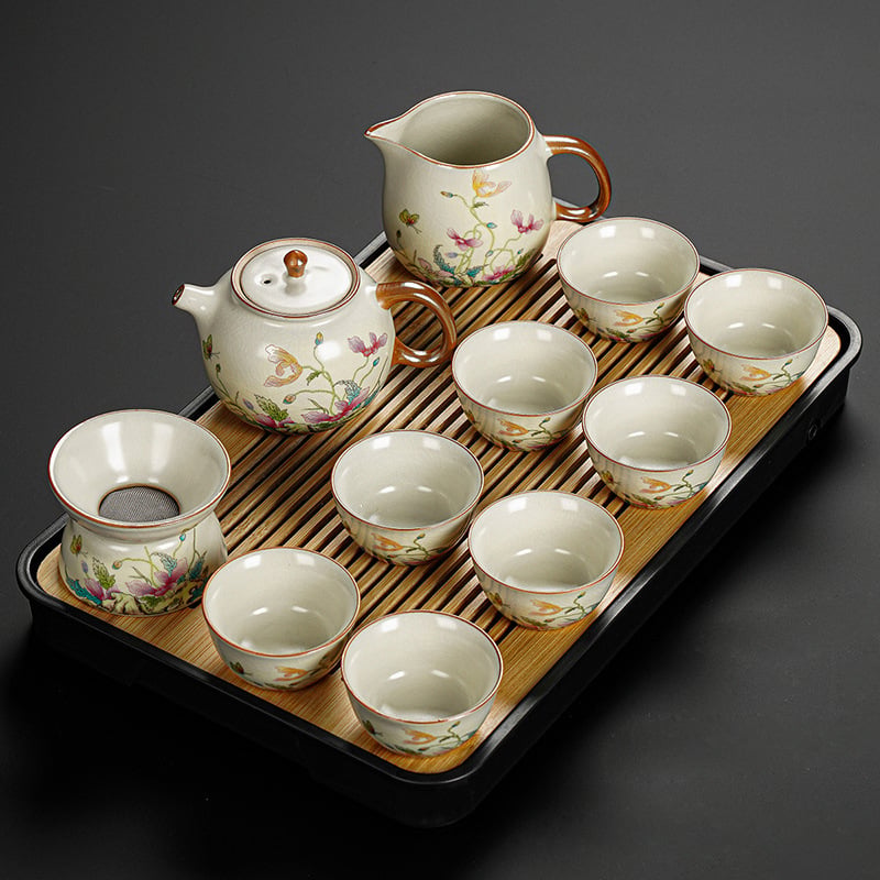 Set Gongfu de ceai cu maci, ceramică Huang Ru — ceainic simplu și tavă de ceai din bambus, logo personalizat
