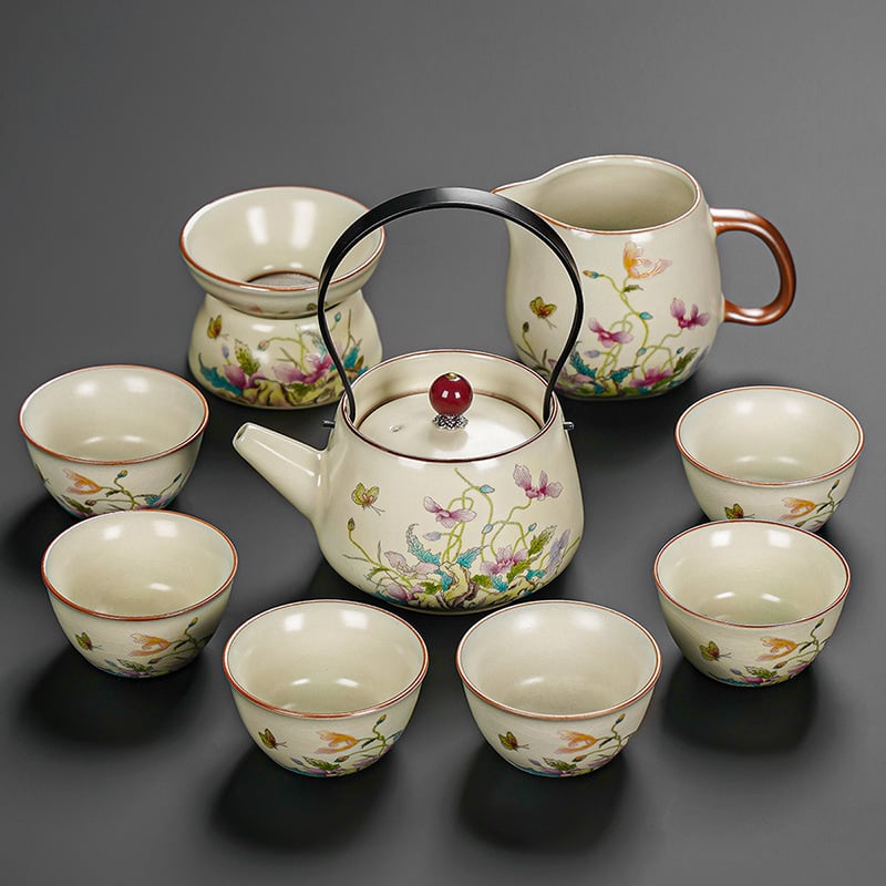 Set Gongfu de ceai cu maci, ceramică Huang Ru — ceainic simplu și tavă de ceai din bambus, logo personalizat