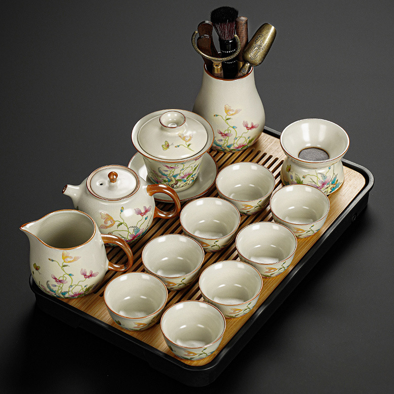 Set Gongfu de ceai cu maci, ceramică Huang Ru — ceainic simplu și tavă de ceai din bambus, logo personalizat