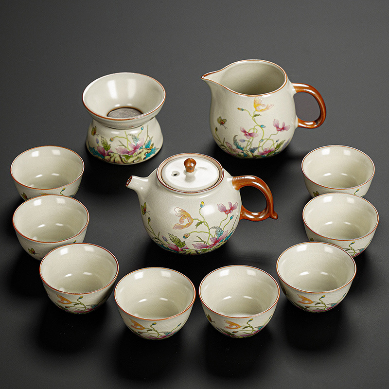 Set Gongfu de ceai cu maci, ceramică Huang Ru — ceainic simplu și tavă de ceai din bambus, logo personalizat