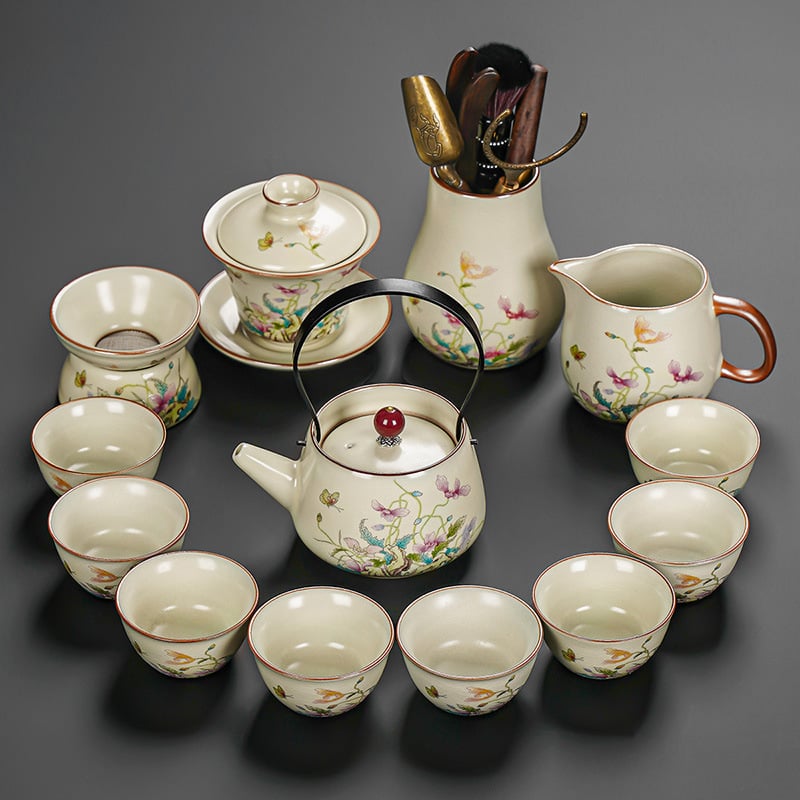 Set Gongfu de ceai cu maci, ceramică Huang Ru — ceainic simplu și tavă de ceai din bambus, logo personalizat