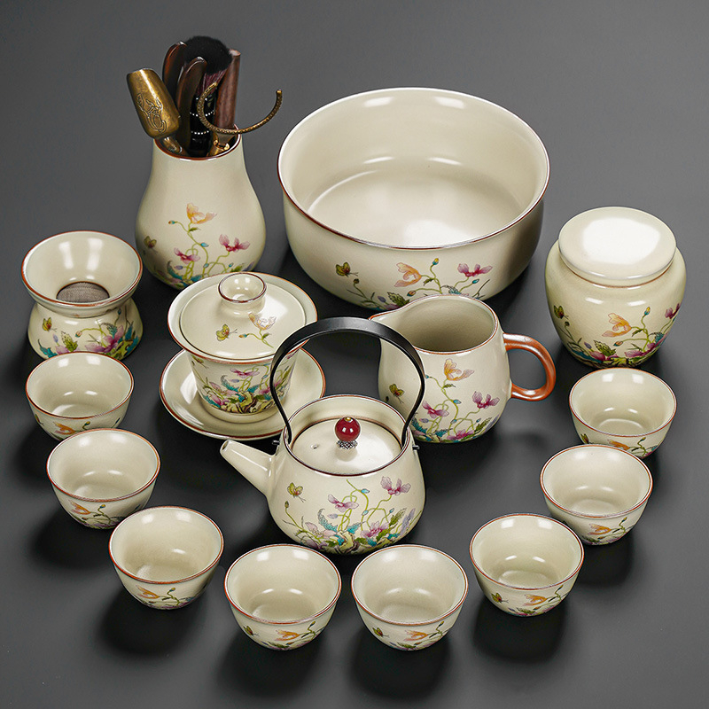 Set Gongfu de ceai cu maci, ceramică Huang Ru — ceainic simplu și tavă de ceai din bambus, logo personalizat