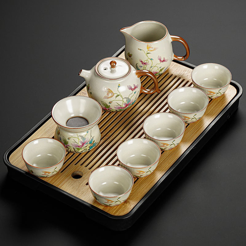 Set Gongfu de ceai cu maci, ceramică Huang Ru — ceainic simplu și tavă de ceai din bambus, logo personalizat