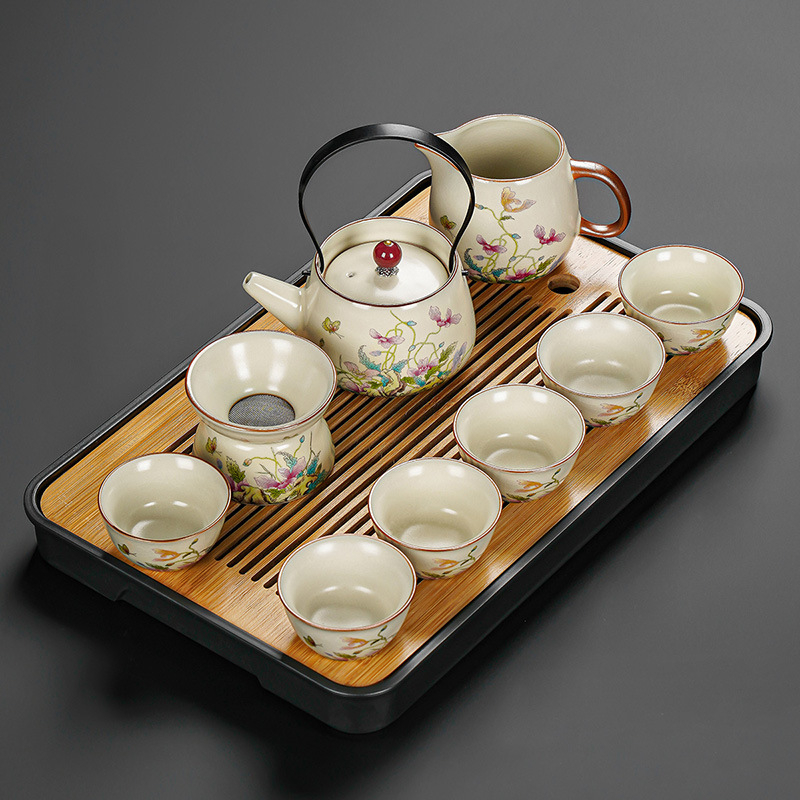 Set Gongfu de ceai cu maci, ceramică Huang Ru — ceainic simplu și tavă de ceai din bambus, logo personalizat