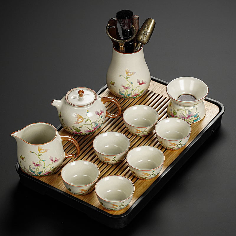 Set Gongfu de ceai cu maci, ceramică Huang Ru — ceainic simplu și tavă de ceai din bambus, logo personalizat
