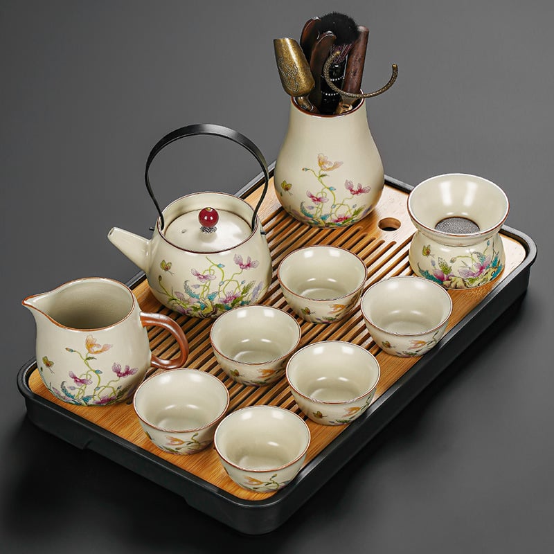 Set Gongfu de ceai cu maci, ceramică Huang Ru — ceainic simplu și tavă de ceai din bambus, logo personalizat
