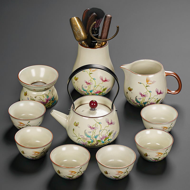 Set Gongfu de ceai cu maci, ceramică Huang Ru — ceainic simplu și tavă de ceai din bambus, logo personalizat