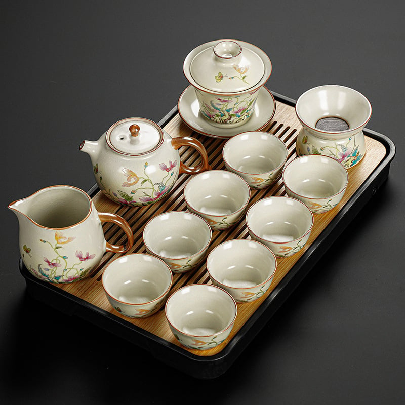 Set Gongfu de ceai cu maci, ceramică Huang Ru — ceainic simplu și tavă de ceai din bambus, logo personalizat