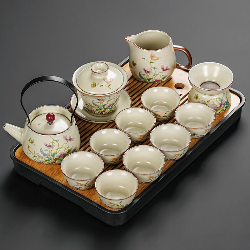 Set Gongfu de ceai cu maci, ceramică Huang Ru — ceainic simplu și tavă de ceai din bambus, logo personalizat