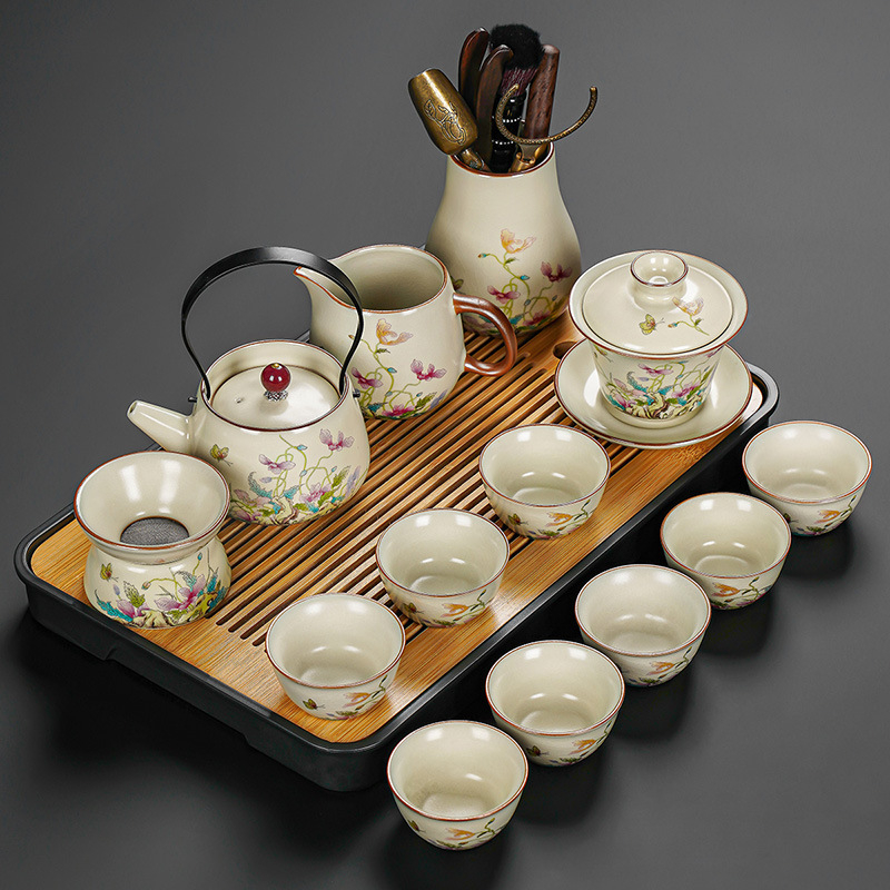 Set Gongfu de ceai cu maci, ceramică Huang Ru — ceainic simplu și tavă de ceai din bambus, logo personalizat
