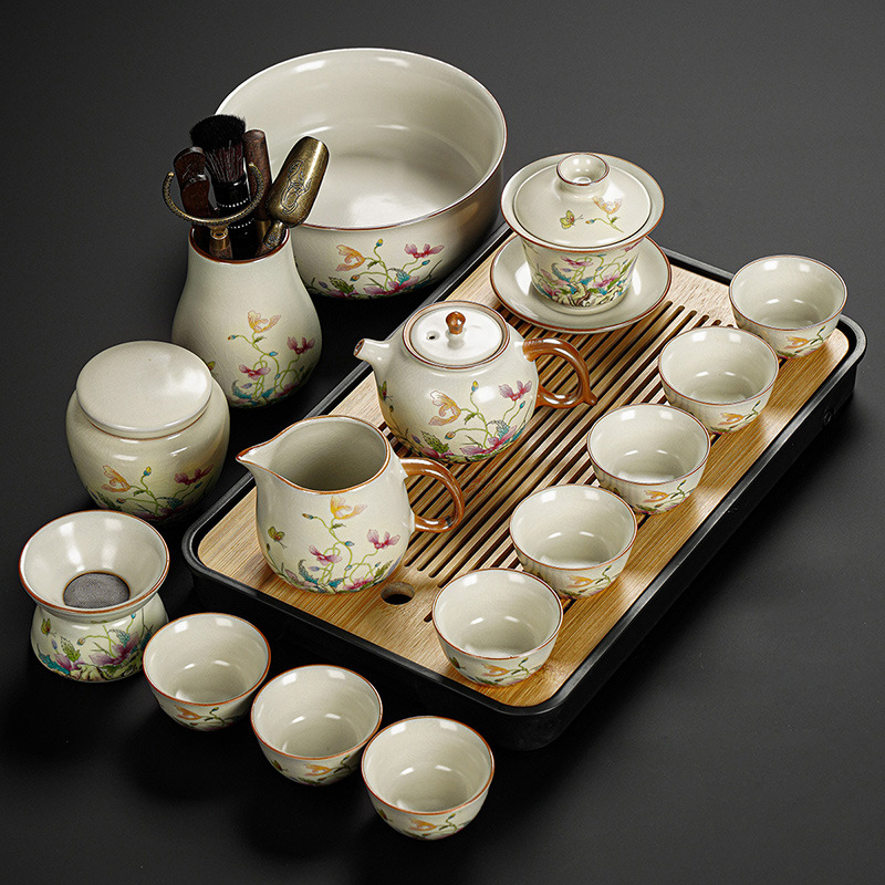 Set Gongfu de ceai cu maci, ceramică Huang Ru — ceainic simplu și tavă de ceai din bambus, logo personalizat