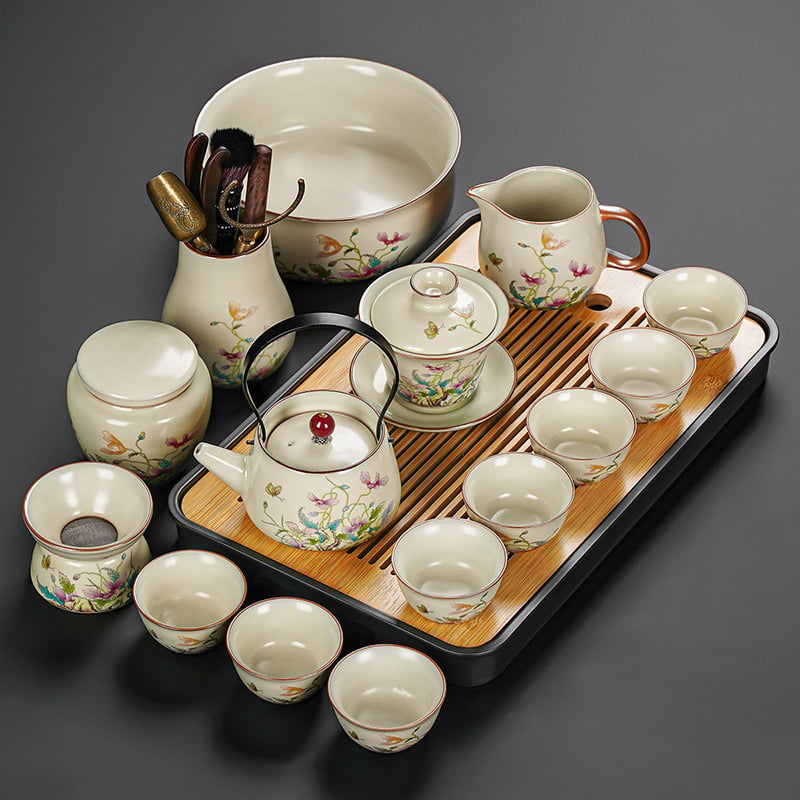 Set Gongfu de ceai cu maci, ceramică Huang Ru — ceainic simplu și tavă de ceai din bambus, logo personalizat