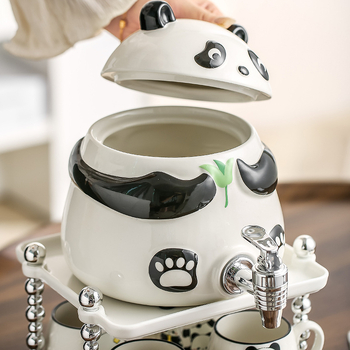 Cană de apă rece cu robinet, set de pahare cu design panda, capacitate mare, rezistent la temperaturi înalte, pentru uz casnic