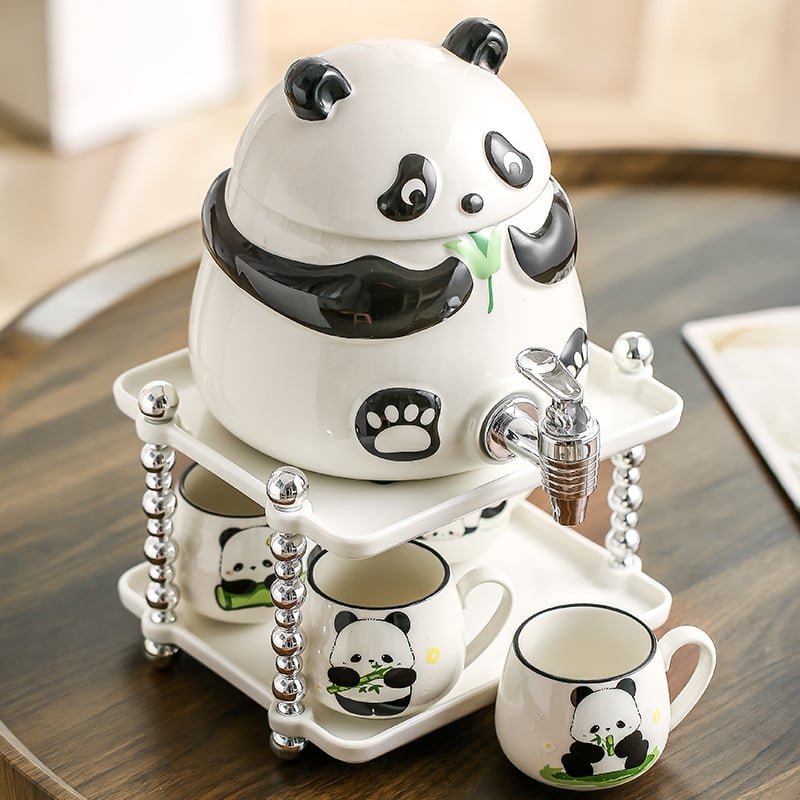 Cană de apă rece cu robinet, set de pahare cu design panda, capacitate mare, rezistent la temperaturi înalte, pentru uz casnic