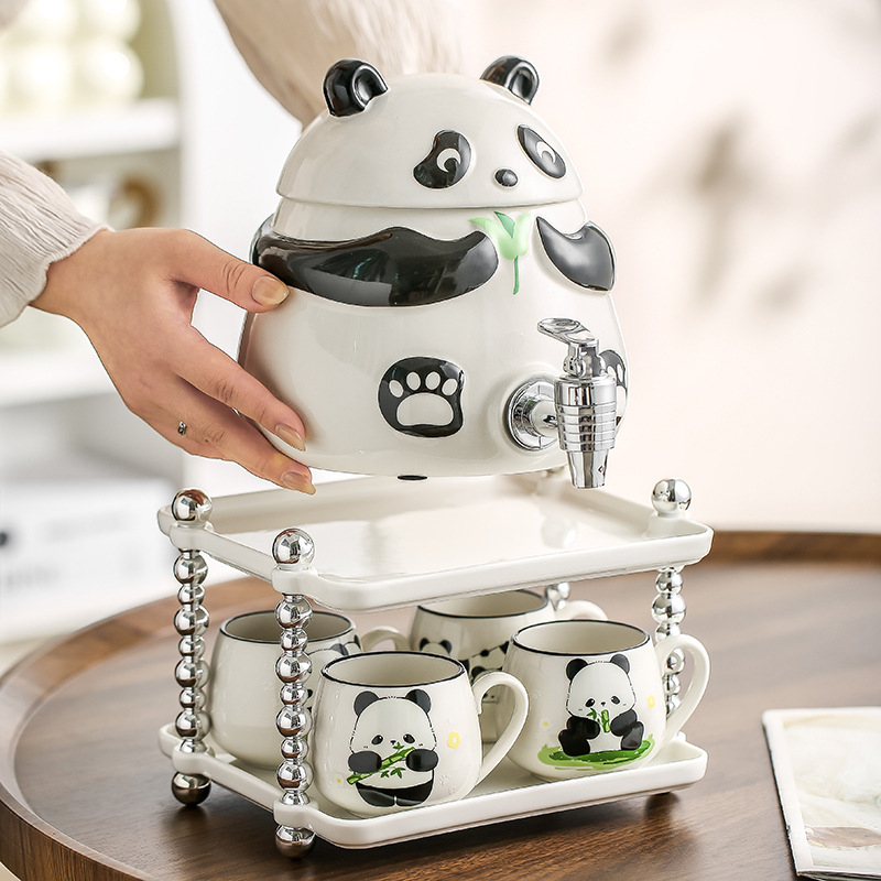 Cană de apă rece cu robinet, set de pahare cu design panda, capacitate mare, rezistent la temperaturi înalte, pentru uz casnic