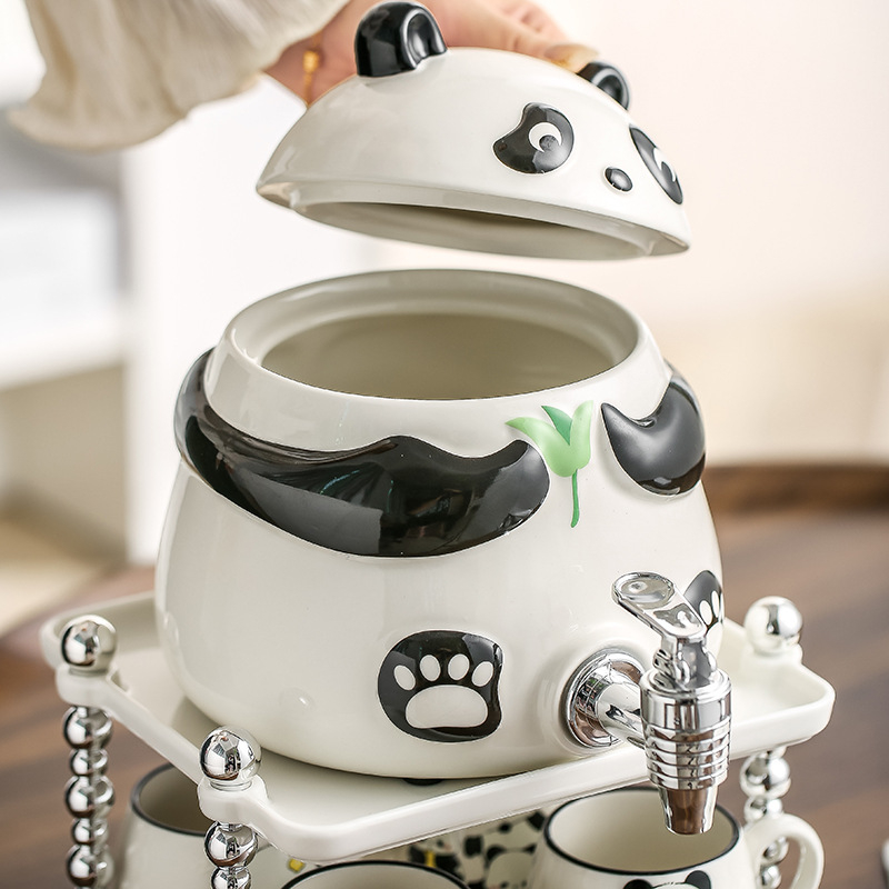 Cană de apă rece cu robinet, set de pahare cu design panda, capacitate mare, rezistent la temperaturi înalte, pentru uz casnic