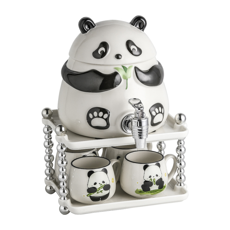 Cană de apă rece cu robinet, set de pahare cu design panda, capacitate mare, rezistent la temperaturi înalte, pentru uz casnic